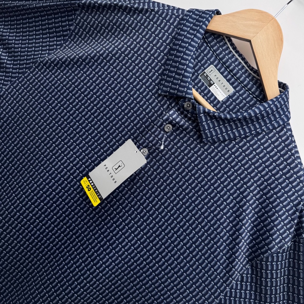 PGA Tour Polo Shirt Mens XL Blue Golf Bag Print Pro Series Moisture Wicking NEW